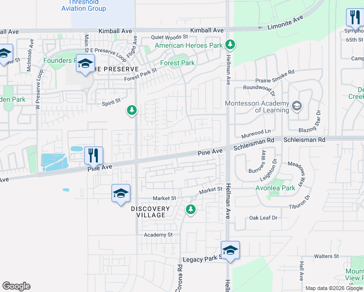 map of restaurants, bars, coffee shops, grocery stores, and more near 8683 Celebration Street in Chino