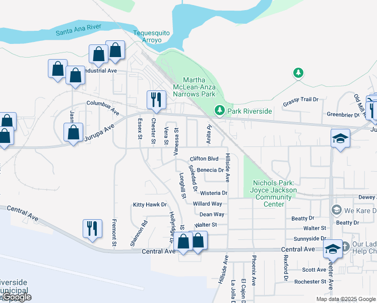 map of restaurants, bars, coffee shops, grocery stores, and more near 5860 Mountain View Avenue in Riverside