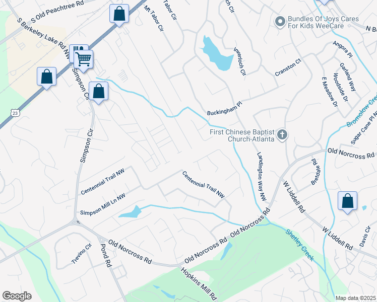map of restaurants, bars, coffee shops, grocery stores, and more near 2540 Woodbine Hill Way Northwest in Norcross
