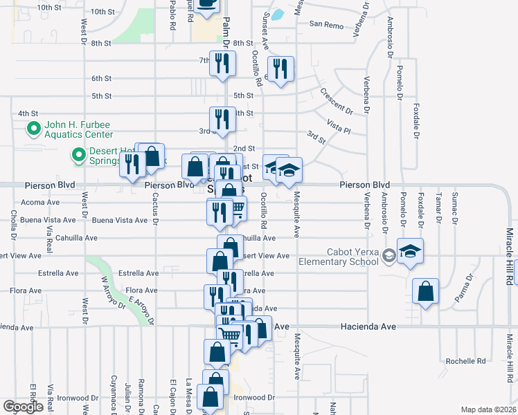 map of restaurants, bars, coffee shops, grocery stores, and more near 12155 Ocotillo Road in Desert Hot Springs