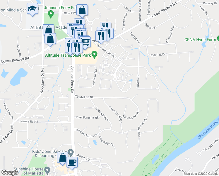 map of restaurants, bars, coffee shops, grocery stores, and more near 5030 Meadow Lane in Marietta