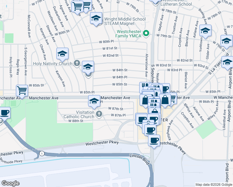 map of restaurants, bars, coffee shops, grocery stores, and more near 6456 West 85th Place in Los Angeles