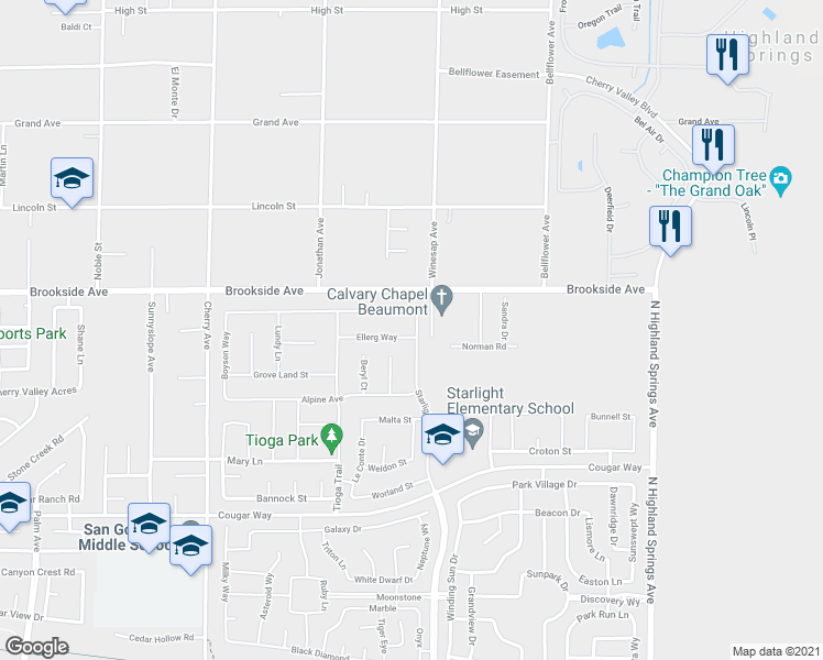 map of restaurants, bars, coffee shops, grocery stores, and more near 1481 Ellerg Way in Beaumont