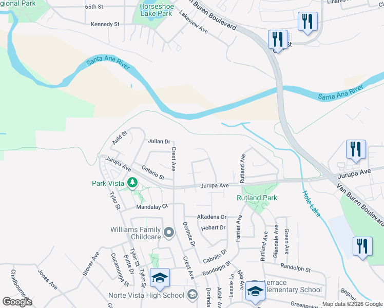 map of restaurants, bars, coffee shops, grocery stores, and more near 9621 Scioscia Street in Riverside