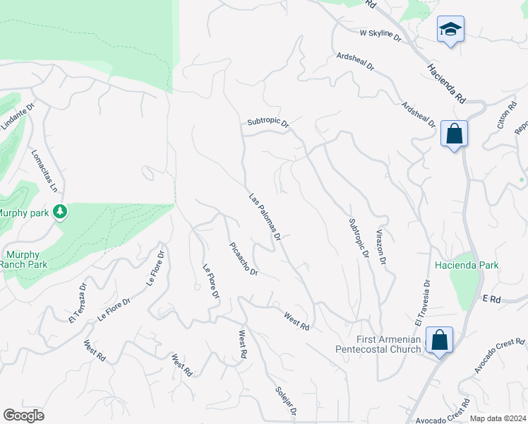 map of restaurants, bars, coffee shops, grocery stores, and more near Las Palomas Drive in La Habra Heights
