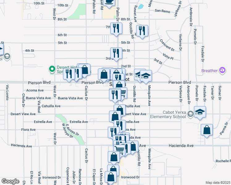 map of restaurants, bars, coffee shops, grocery stores, and more near 12155 Palm Drive in Desert Hot Springs