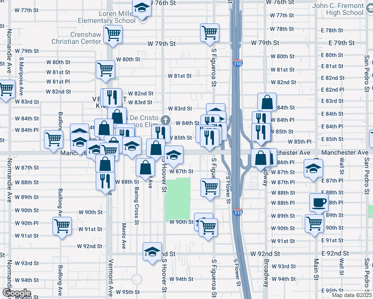 map of restaurants, bars, coffee shops, grocery stores, and more near 703 West Manchester Avenue in Los Angeles