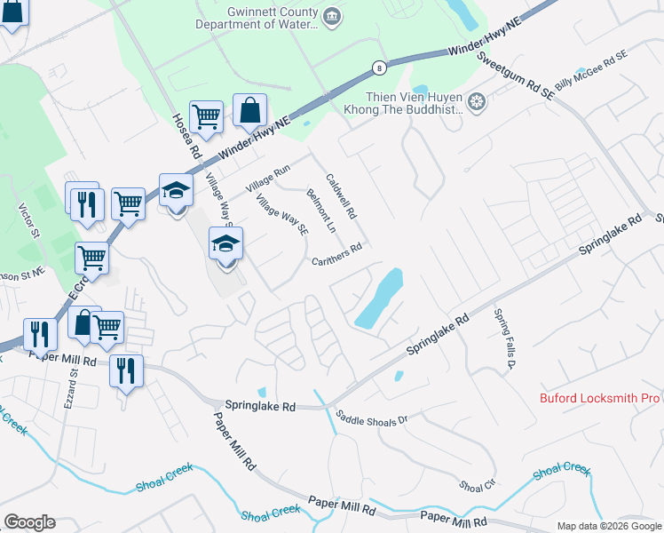 map of restaurants, bars, coffee shops, grocery stores, and more near 531 Carithers Road in Lawrenceville