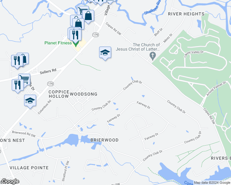map of restaurants, bars, coffee shops, grocery stores, and more near 18 Country Club Drive in Shallotte