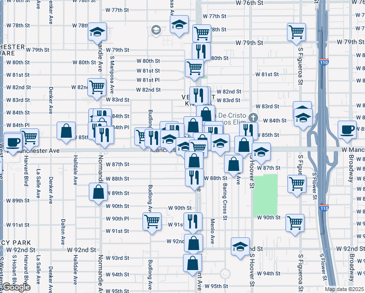 map of restaurants, bars, coffee shops, grocery stores, and more near 1031 West Manchester Avenue in Los Angeles