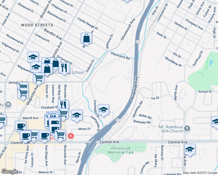 map of restaurants, bars, coffee shops, grocery stores, and more near 3240 Pachappa Hill in Riverside