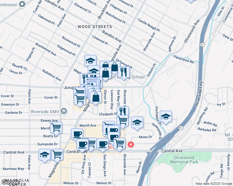 map of restaurants, bars, coffee shops, grocery stores, and more near 6044 Del Ray Court in Riverside