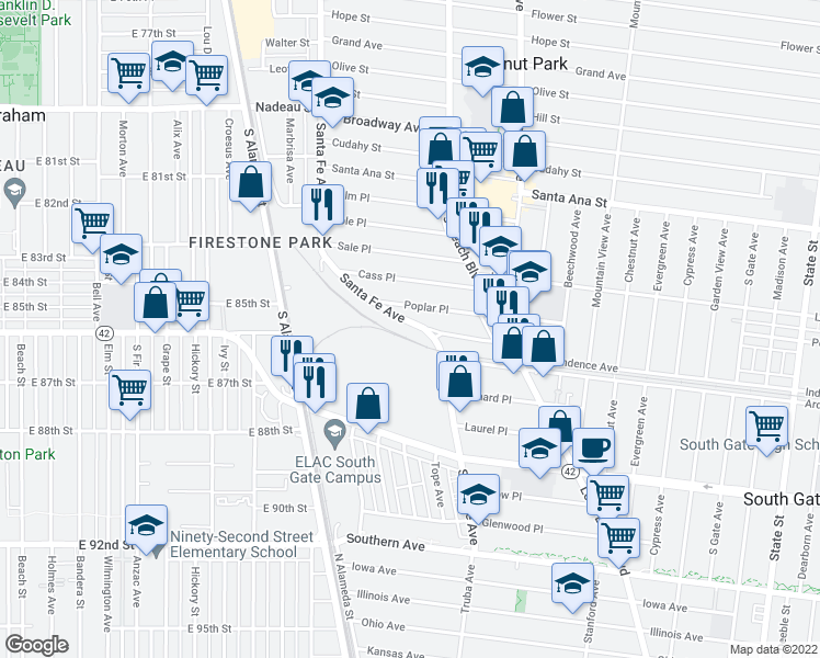 map of restaurants, bars, coffee shops, grocery stores, and more near 8545 Santa Fe Avenue in Huntington Park