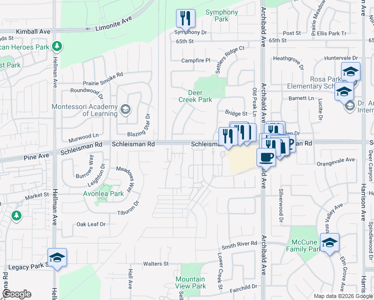 map of restaurants, bars, coffee shops, grocery stores, and more near 7017 Montecito Lane in Corona
