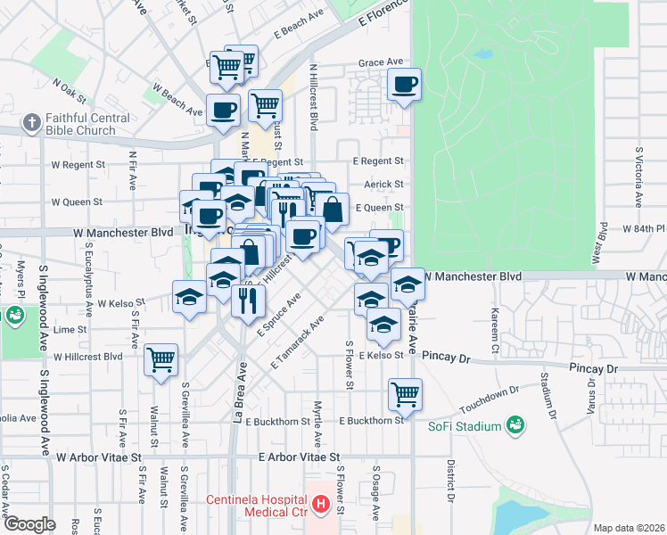 map of restaurants, bars, coffee shops, grocery stores, and more near 436 East Spruce Avenue in Inglewood
