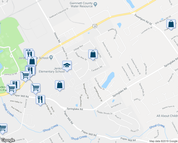map of restaurants, bars, coffee shops, grocery stores, and more near 206 Village Way Southeast in Lawrenceville