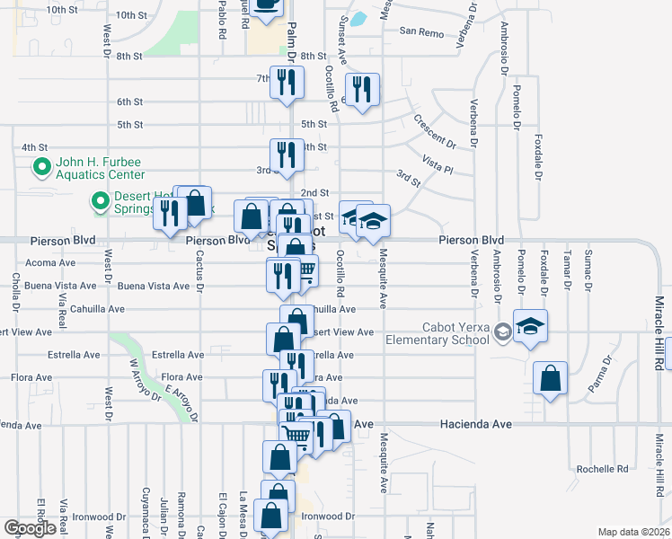 map of restaurants, bars, coffee shops, grocery stores, and more near 12155 Ocotillo Road in Desert Hot Springs