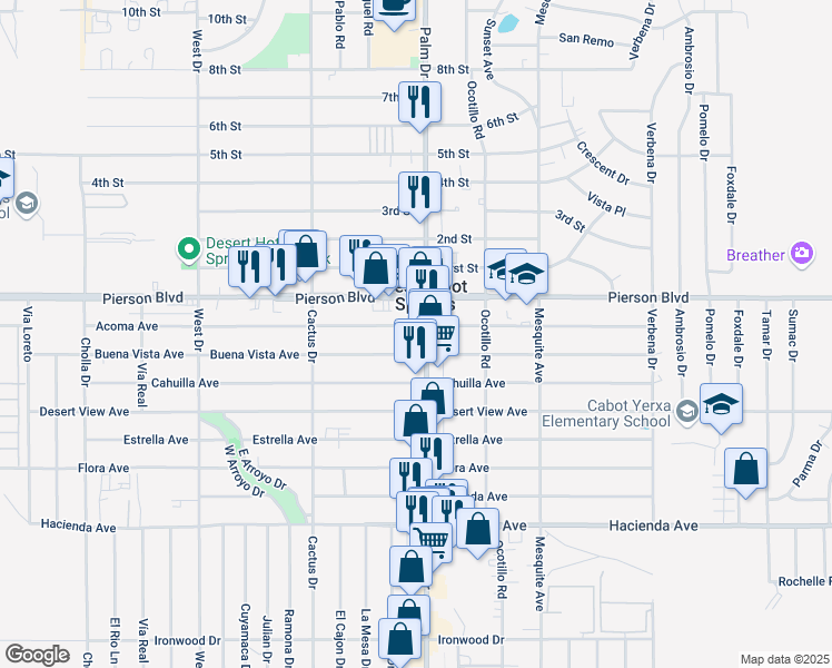 map of restaurants, bars, coffee shops, grocery stores, and more near 12155 Palm Drive in Desert Hot Springs
