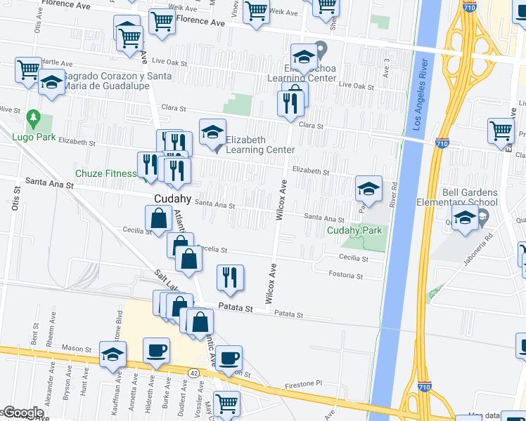 map of restaurants, bars, coffee shops, grocery stores, and more near 4928 Santa Ana Street in Cudahy