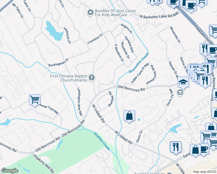 map of restaurants, bars, coffee shops, grocery stores, and more near 4142 Creek Hollow Way in Duluth