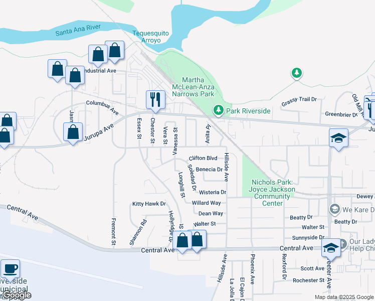map of restaurants, bars, coffee shops, grocery stores, and more near 5860 Mountain View Avenue in Riverside