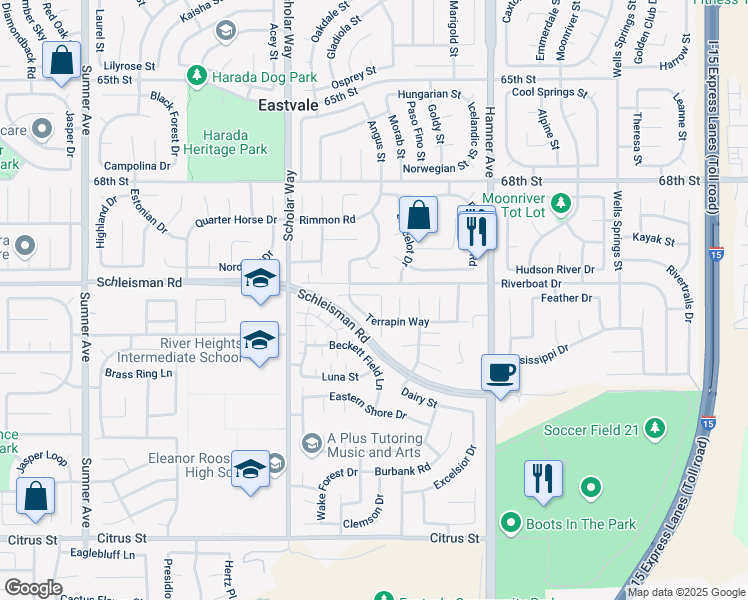 map of restaurants, bars, coffee shops, grocery stores, and more near 12827 Meridian Street in Eastvale
