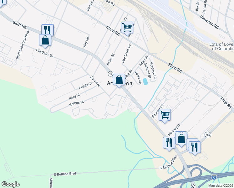 map of restaurants, bars, coffee shops, grocery stores, and more near 1929 Bluff Road in Columbia