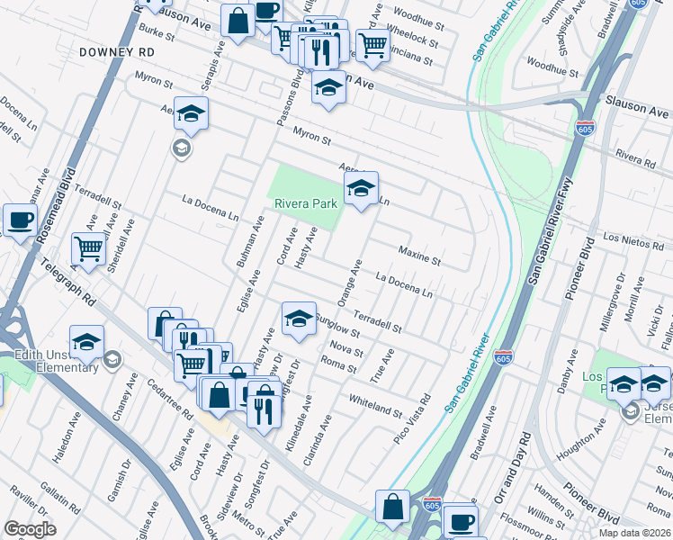 map of restaurants, bars, coffee shops, grocery stores, and more near 9624 La Docena Lane in Pico Rivera