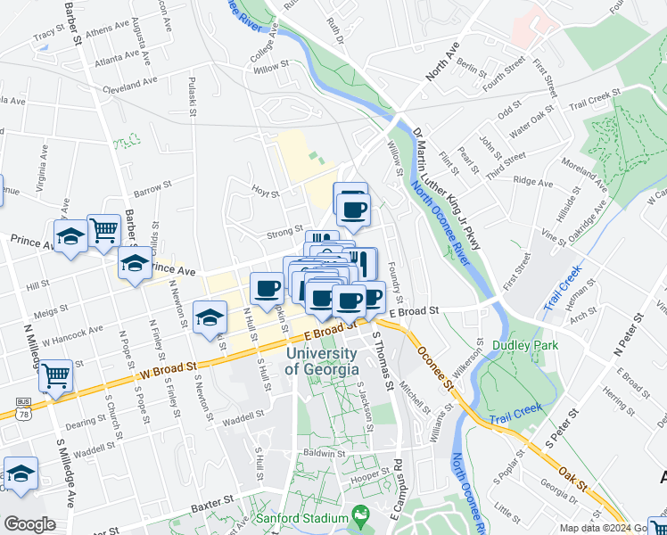 map of restaurants, bars, coffee shops, grocery stores, and more near 301 College Avenue in Athens