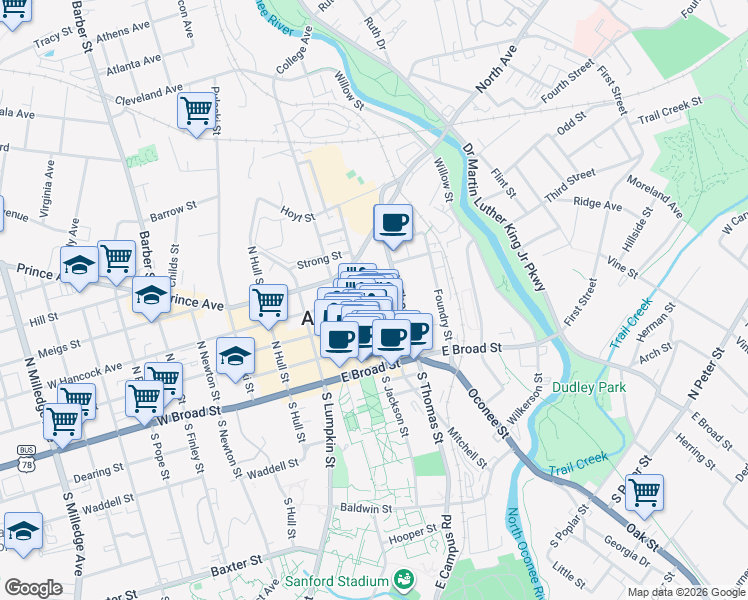 map of restaurants, bars, coffee shops, grocery stores, and more near 301 College Avenue in Athens