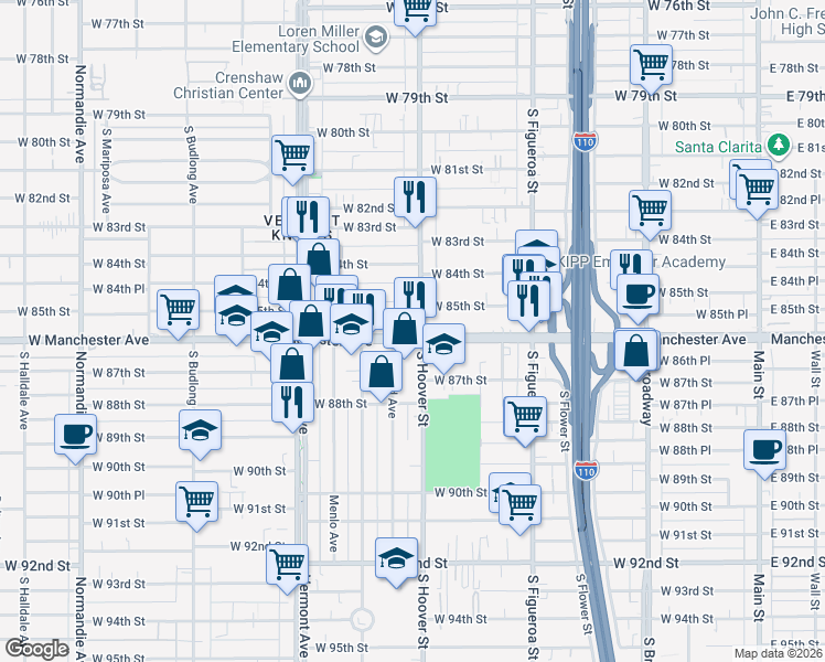 map of restaurants, bars, coffee shops, grocery stores, and more near 805 West Manchester Avenue in Los Angeles