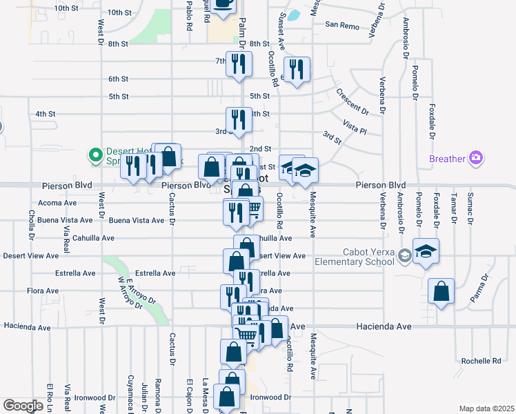 map of restaurants, bars, coffee shops, grocery stores, and more near 66530 Buena Vista Avenue in Desert Hot Springs