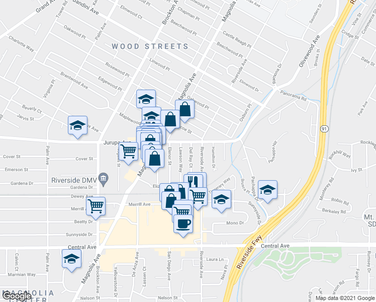 map of restaurants, bars, coffee shops, grocery stores, and more near 6044 Del Ray Court in Riverside