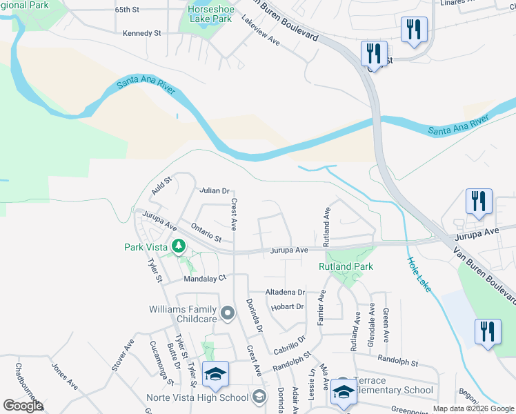 map of restaurants, bars, coffee shops, grocery stores, and more near 9621 Scioscia Street in Riverside