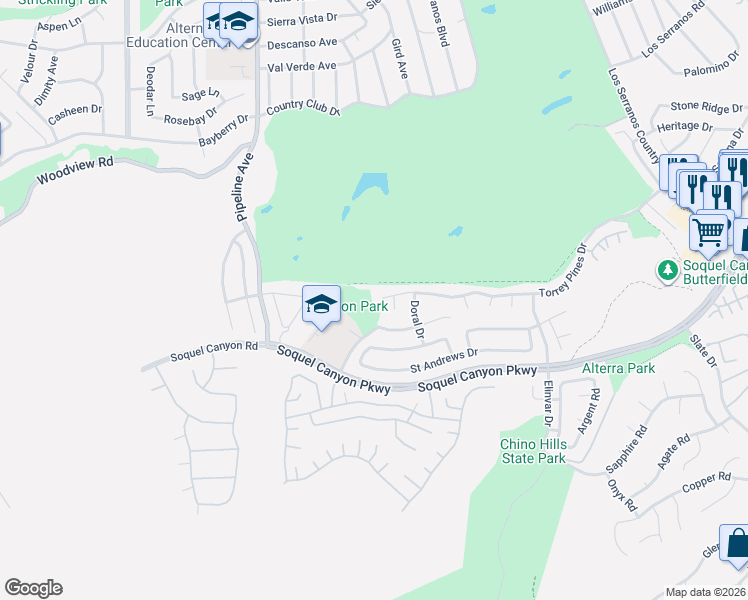 map of restaurants, bars, coffee shops, grocery stores, and more near 4349 Torrey Pines Drive in Chino Hills