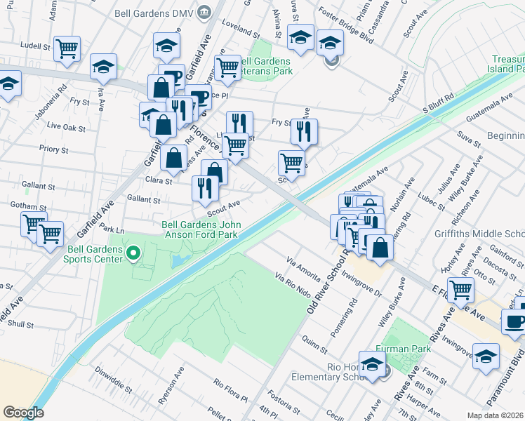 map of restaurants, bars, coffee shops, grocery stores, and more near 6850 Florence Avenue in Bell Gardens