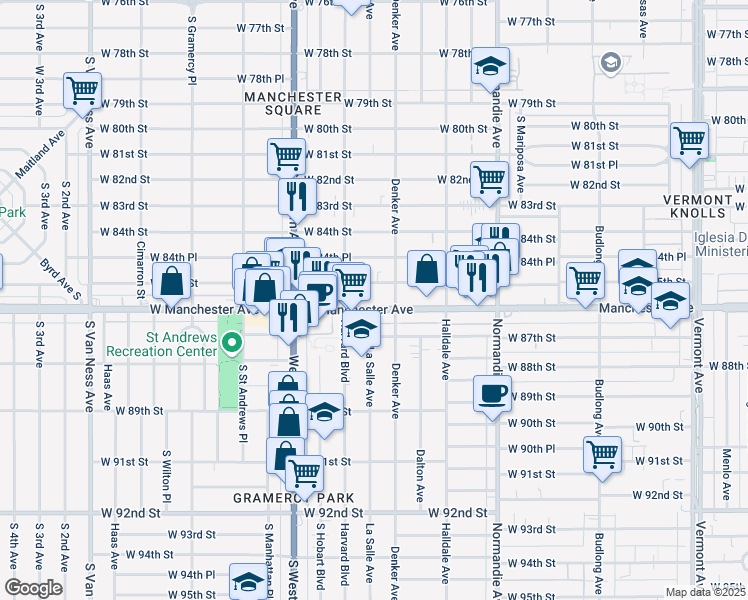 map of restaurants, bars, coffee shops, grocery stores, and more near 1606 West Manchester Avenue in Los Angeles