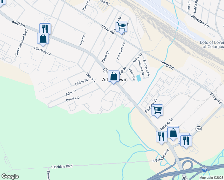 map of restaurants, bars, coffee shops, grocery stores, and more near 1929 Bluff Road in Columbia