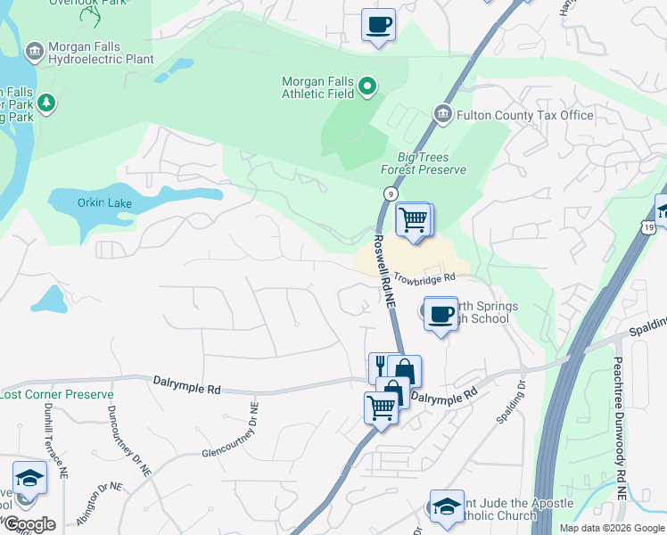 map of restaurants, bars, coffee shops, grocery stores, and more near 100 Trowbridge Road in Atlanta