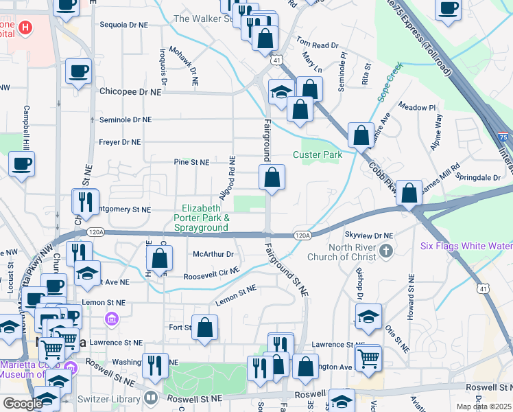 map of restaurants, bars, coffee shops, grocery stores, and more near 493 Birney Street Northeast in Marietta