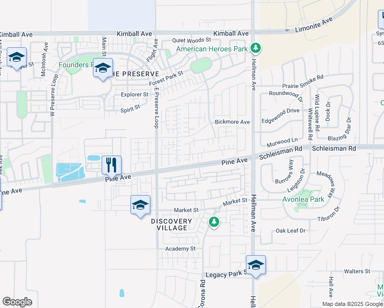 map of restaurants, bars, coffee shops, grocery stores, and more near 8753 Celebration Street in Chino