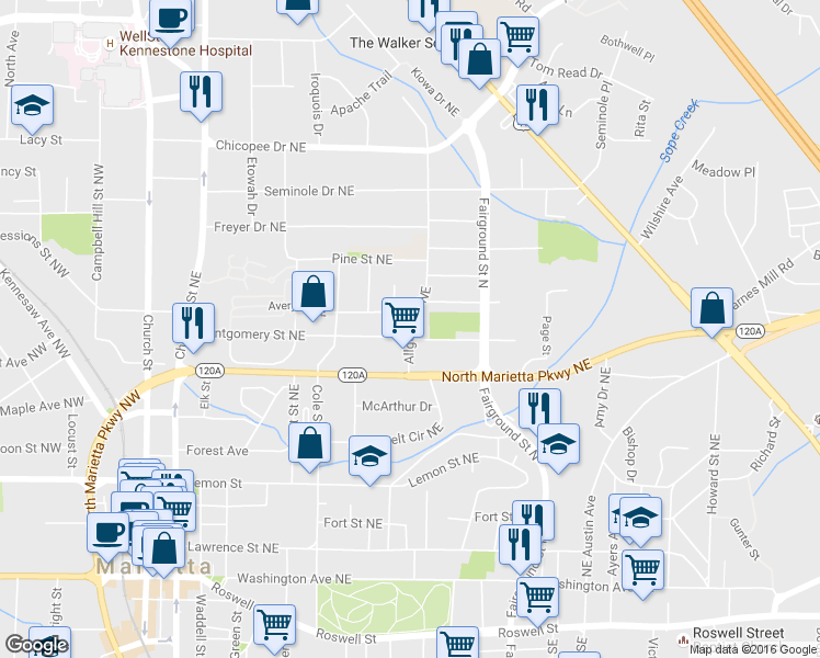 map of restaurants, bars, coffee shops, grocery stores, and more near 358 Allgood Road in Marietta