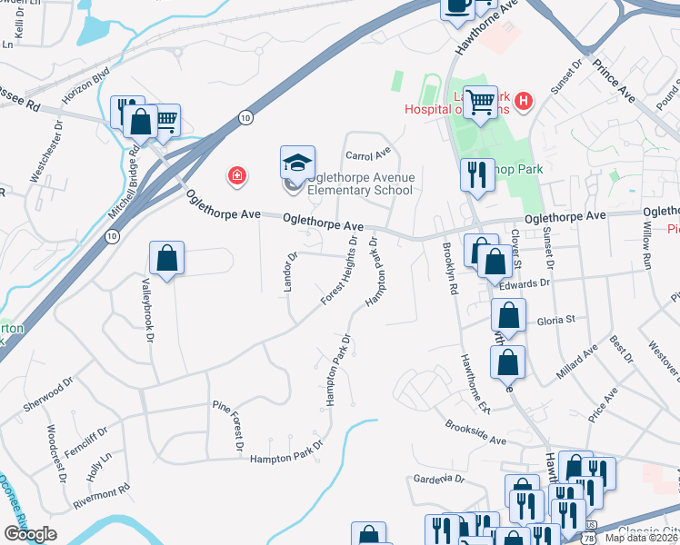 map of restaurants, bars, coffee shops, grocery stores, and more near 220 Forest Heights Drive in Athens