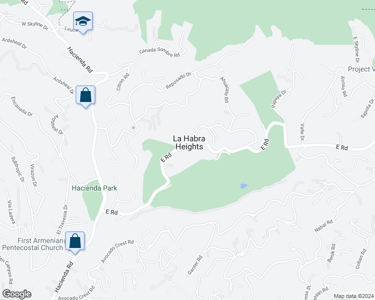 map of restaurants, bars, coffee shops, grocery stores, and more near 500 East Road in La Habra Heights