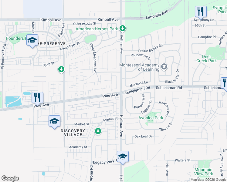 map of restaurants, bars, coffee shops, grocery stores, and more near 8817 Celebration Street in Chino