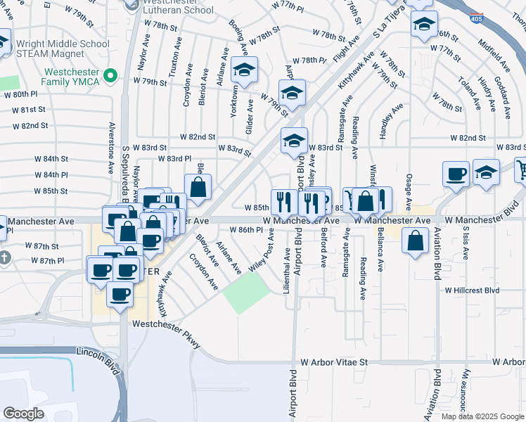 map of restaurants, bars, coffee shops, grocery stores, and more near 5962 West 85th Place in Los Angeles