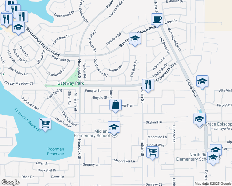 map of restaurants, bars, coffee shops, grocery stores, and more near 24312 Pawnee Trail in Moreno Valley