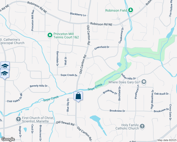 map of restaurants, bars, coffee shops, grocery stores, and more near 3040 Greenfield Drive in Marietta