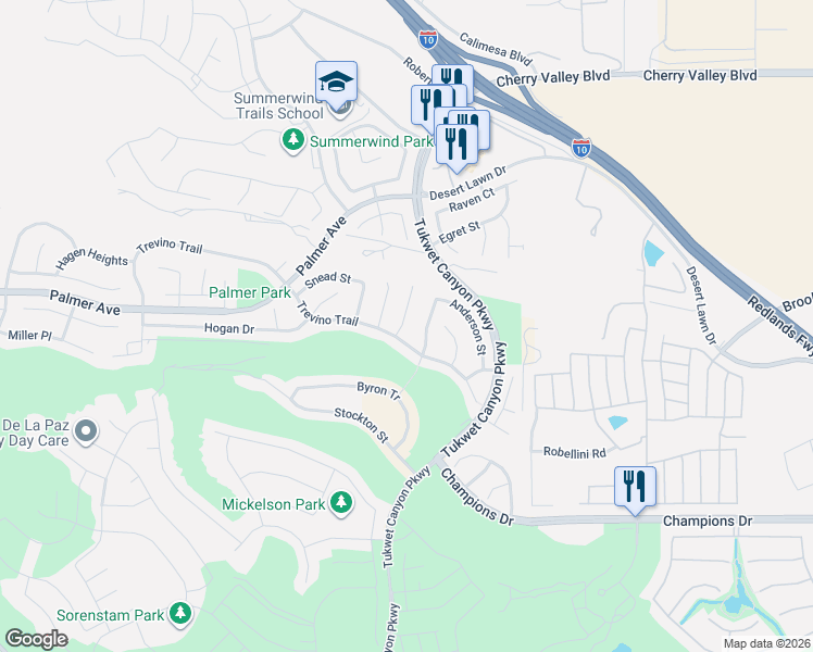 map of restaurants, bars, coffee shops, grocery stores, and more near 11238 Picard Place in Beaumont