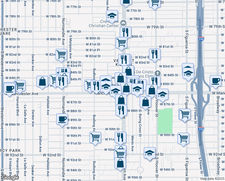 map of restaurants, bars, coffee shops, grocery stores, and more near 1031 West Manchester Avenue in Los Angeles